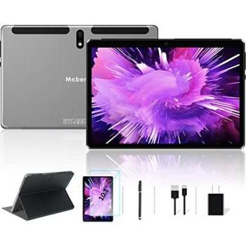 MEBERRY Tablet 10 Pulgadas Android Tableta 8-núcleos 1.6 GHz 4GB+64GB 128GB Expandible - Certificación GMS | 8000mAh | Bluetooth | Wi-Fi | Cámaras Duales | Tablets con Estuche Cuero+Bolígrafo - Gris