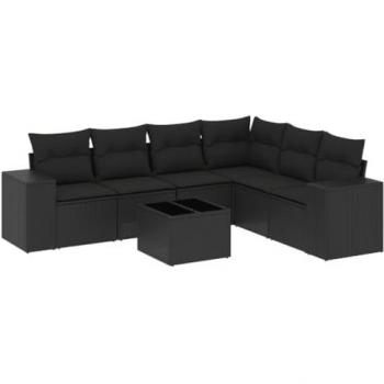 Set de comedor de jardín 7 pzas y cojines ratán sintético negro