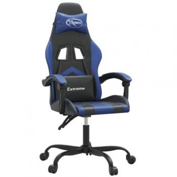 Silla gaming cuero sintético negro y azul con reposabrazos, ruedas giratorias y altura ajustable, ideal para estudio, oficina y casa