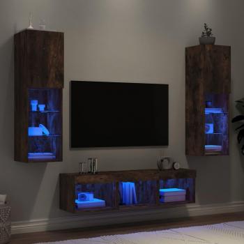 Muebles TV pared con LED 5 piezas madera ingeniería roble ahumado marrón