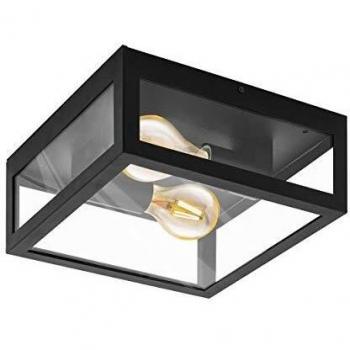 Lámpara exterior de techo EGLO ALAMONTE 1, lámpara exterior con 2 bombillas, lámpara de techo de acero galvanizado, color negro, vidrio transparente, versión E27, IP44