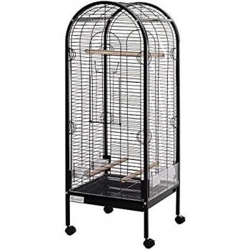 Pawhut Jaula para Pájaro Metálica con 3 Perchas de Madera Extraíbles Espaciosa para Loros Canarios Cotorra Papagayo con 4 Ruedas 54x54x151 cm Negro