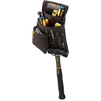 STANLEY Leather Tool Pouch, Double Pocket Storage Organiser, Hammer Loop, STST1-80114