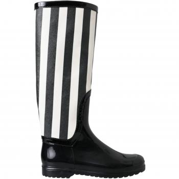 Black Rubber Knee High Flat Boots - EU40/US9.5, Dolce & Gabbana Rain Boots, Female, Multicolor, Size: 10 US Black and White Striped Knee High Boots
