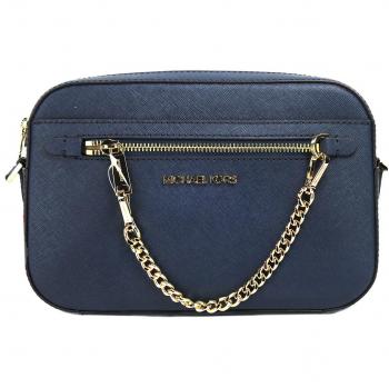 Jet Set Large East West Navy Leather Zip Chain Crossbody Bag Purse