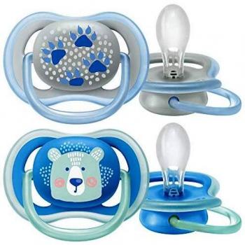 Philips Avent Ultra Air Decorated Pacifier Set 2 units, suitable for infants aged 6-18 months, featuring a lightweight design with extra ventilation holes for comfort and airflow, made from BPA-free materials, designed with cute animal decorations