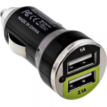 Cargador USB DUAL para Auto 12/24V, Salida 5V/2100mA, Mini tamaño 45x25mm, Color Negro