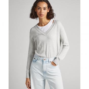 Jersey de mujer Pepe Jeans Donna V gris con cuello pico y detalles calados