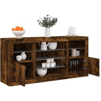 Aparador con luces LED 142,5x37x67 cm Mueble de Almacenaje de Salón Buffet para salón Armario Auxiliar Armario de Almacenamiento en roble ahumado Marrón