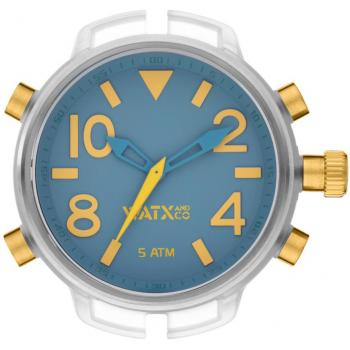 Reloj analógico para hombres WatxandCo ATLANTIC MOSTAZA/AZUL, correa de silicona mostaza, esfera azul oscuro con detalles aplicados en mostaza, 49mm