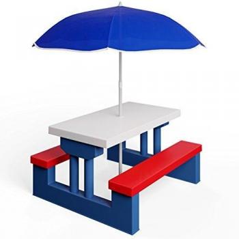 Conjunto de Mesa y Bancos para Niños con Sombrilla - Muebles de Jardín Infantil, Protección UV, Interior y Exterior