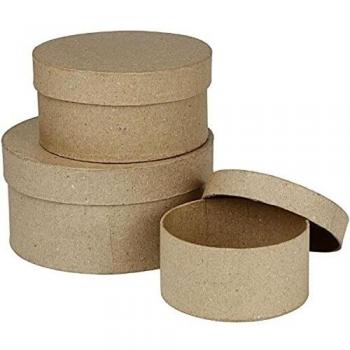 Set de 3 cajas redondas de papel maché con tapa - Alturas: 5, 6.5 y 7.5 cm - Diámetros: 10, 13 y 16 cm - Color beige