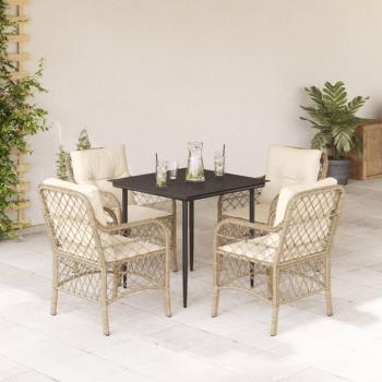 5-Piece Beige Poly Rattan Garden Dining Set with Cushions