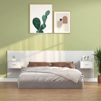 Cabecero de Cama con Mesitas de Noche de Madera Contrachapada Blanca