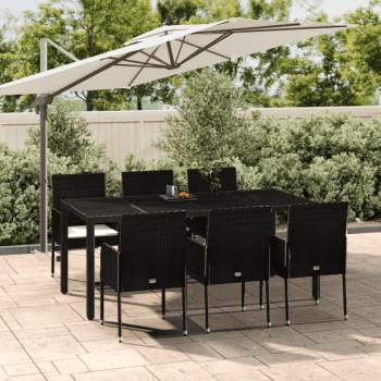 7-Piece Black Poly Rattan Garden Dining Set with Cushions