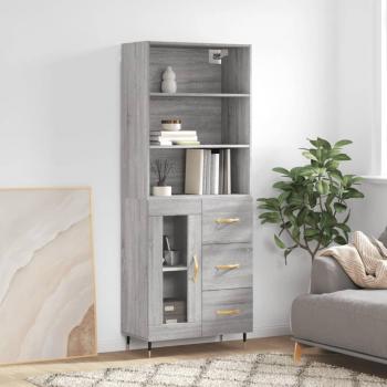 Aparador alto de madera contrachapada gris sonoma 69,5x34x180 cm con 1 puerta de cristal y 3 cajones, mueble de almacenaje para salón