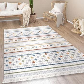 Alfombra de salón étnica con dibujo geométrico y flecos, tamaño 240x340 cm, color multicolor 4, pelo corto, estilo moderno boho nórdico