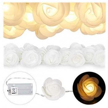 Guirnalda de Luces LED de Rosas, 20 Lámparas, a Pilas, para Bodas y San Valentín, Luz Cálida Blanca