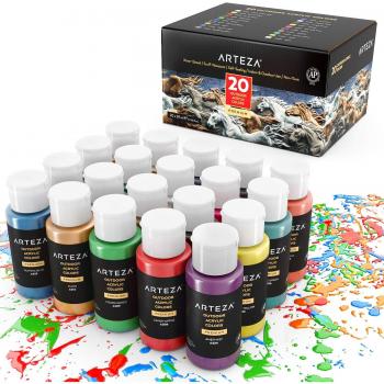 ARTEZA Pintura acrílica para manualidades en exteriores | Caja de 20 frascos de 59 ml | 20 colores | Pinturas acrílicas de exterior para piedra, madera, tela, cuero, papel, lienzos y pinturas murales
