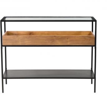 Consola de metal negro con tablero de cristal y estante de madera maciza 100 cm HAORA