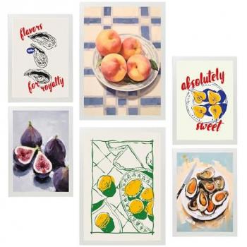Set de 6 Pósters Decorativos de Alimentos Mediterráneos - Ilustraciones para Paredes del Hogar A3 y A4 Sin Marco