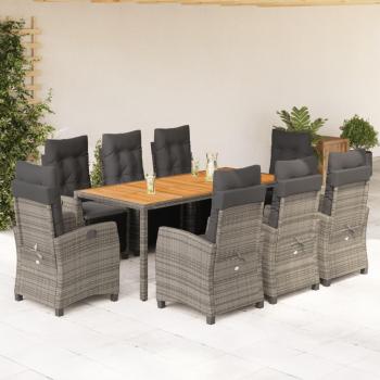9-Piece Grey Poly Rattan Garden Dining Set with Cushions