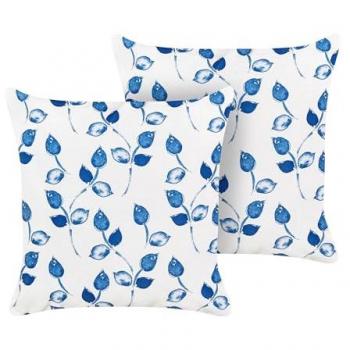 Conjunto de 2 Cojines de Jardín 45 x 45 cm Poliéster Blanco y Azul Motivo Hojas Diseño Moderno