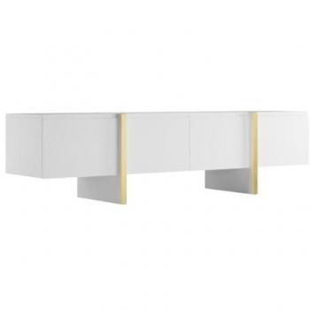 Mueble TV LUVONIA de MDF con 4 puertas - Blanco y Dorado - Cierre Suave