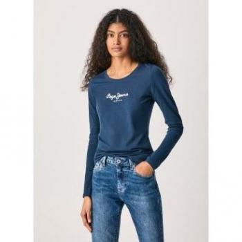 Camiseta Pepe Jeans New Virginia LS para Mujer, Color Marino, Manga Larga con Logo Estampado