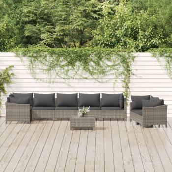 Set de muebles de jardín 9 piezas con cojines de polyrattan gris