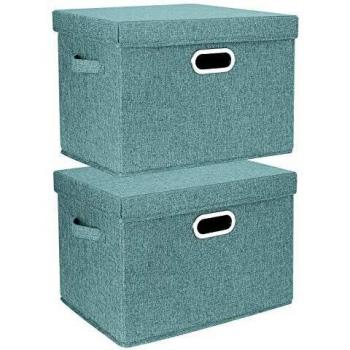 TYEERS 2 Paquetes Caja de Almacenamiento con Tapa y Asa, Cestas de Almacenaje Plegables de Ropa de Algodón Lino, Organizadores de Almacenamiento de Juguetes, Estantes, Ropa y Libros, etc. - Aqua Deep