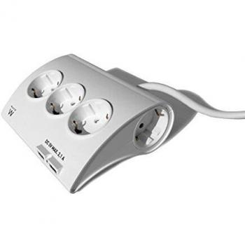 Ewent EW3935 Regleta Puertos Enchufes Múltiples Base 2 USB 5 Toma-Corrientes Europe 3680W 250V 16A/1.5M Cable de Alimentación Protección Térmica Sobretensión, 1.5 V, Blanco, 149 x 55 x 118