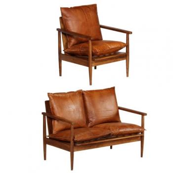 Set de sofás 2 piezas marrón cuero auténtico y madera de acacia