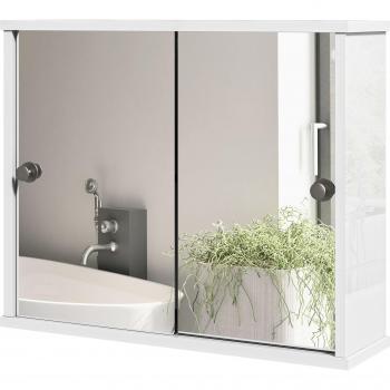 kleankin Armario con Espejo de Baño Mueble Colgante para Baño con Estante Ajustable, Puerta Corredera Doble y Diseño Moderno 55x15x45 cm Blanco Brillante