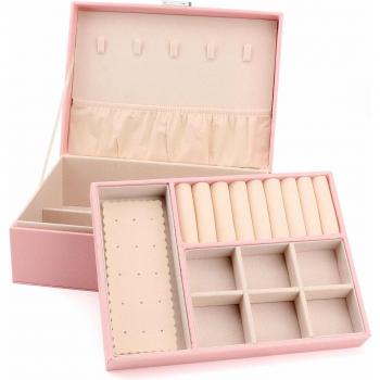 Allinside Caja para Joyas, Caja Joyero, 2 Capas Organizador de Joyería con Cerradura para Mujeres Niñas, Cuero PU, Forro de Terciopelo, Rosa