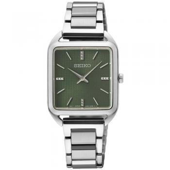 Seiko Classic Rectangular Women's Quartz Watch SWR075P1 - Silver Stainless Steel Band with Green Dial