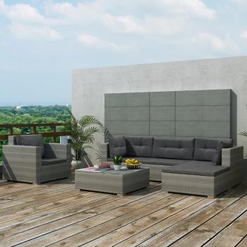 6-Piece Grey Poly Rattan Garden Lounge Set with Cushions