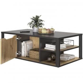 Mesa de centro con almacenaje central - efecto roble y negro, Fabricación francesa