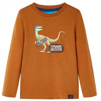 Camiseta Infantil de Manga Larga Estampado de Dinosaurio Color Coñac 140