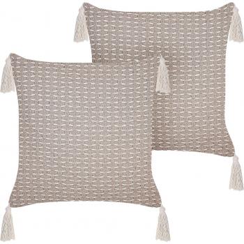 Conjunto de 2 cojines decorativos taupe 42 x 42 cm con patrón geométrico, borlas y funda removible con relleno