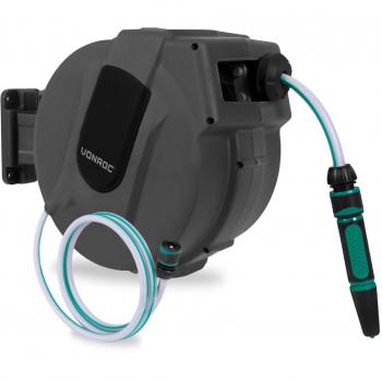 Carrete automático para manguera - Negro - Incluye manguera de jardín de 15 metros, boquilla, acoplamientos y conector de grifo