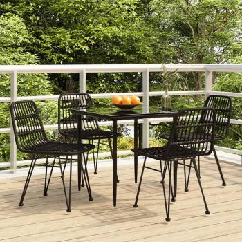 vidaXL 5 Piece Garden Dining Set Black Poly Rattan, Weather-resistant and Easy-to-clean Poly Rattan with Stable Steel frame, Comfortable Seats, Includes Tempered Glass Tabletop and Practical Footpads