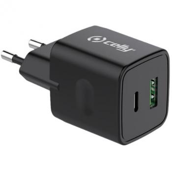 Celly Cargador de Red 20W USB Tipo C Negro para Dispositivos Móviles (Smartphone, Tableta) - Corriente Alterna Interior