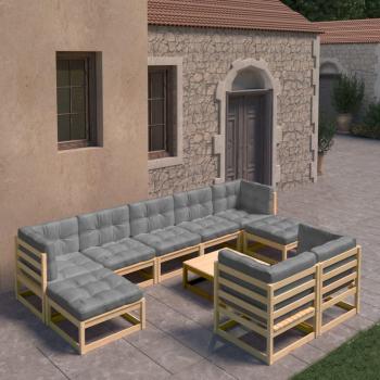 10-Piece Solid Pine Garden Lounge Set with Cushions
