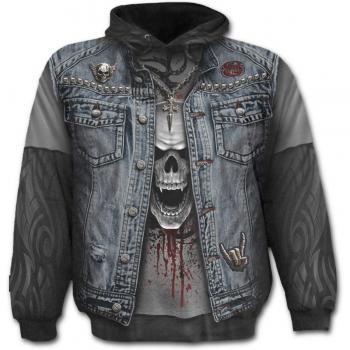 Spiral Direct Thrash Metal Allover Denim Jacket Effect Print Men's Pullover Hoody XXL