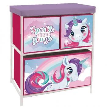 Estantería de almacenaje infantil Zaska Unicornio con 3 cajones, dimensiones 53x30x60 cm, incluye contenedores textiles
