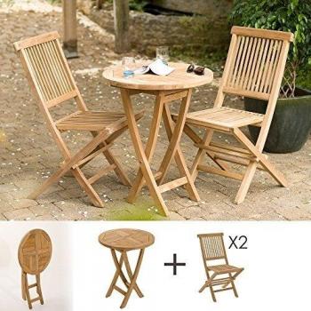 Conjunto de jardín de madera de teca para 2 personas - Mesa redonda plegable de 60 cm y 2 sillas