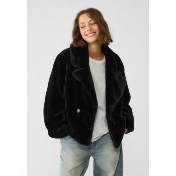 Stradivarius Black Double-breasted Faux Fur Wrap Jacket Size S