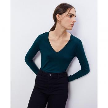 Sfera - Jersey cuello pico de mujer, tejido suave, corte ajustado, manga larga, escote en pico
