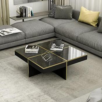 Mesa de Centro Cuadrada Fjerritslev 35 x 90 x 90 cm Aglomerado Mármol Negro / Latón